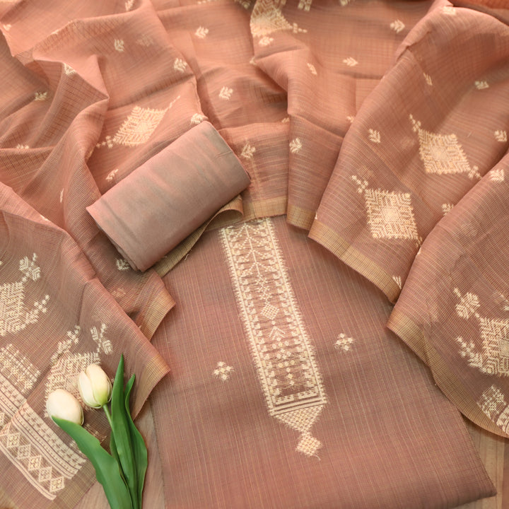 Naisha Barn Brown All Over Authentic Jamdani Weaved Kota Doriya Suit Set