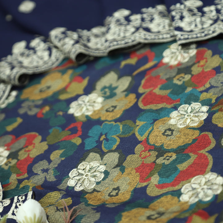झुमकी Navy Blue Floral Printed in Embroidered Work Semi Pashmina Winter Set