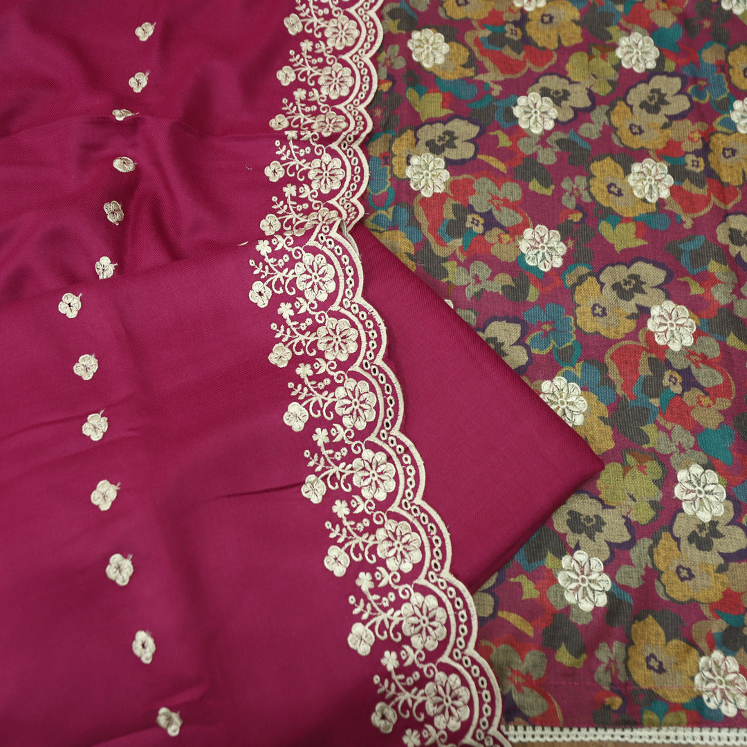 झुमकी Magenta Pink Floral Printed in Embroidered Work Semi Pashmina Winter Set