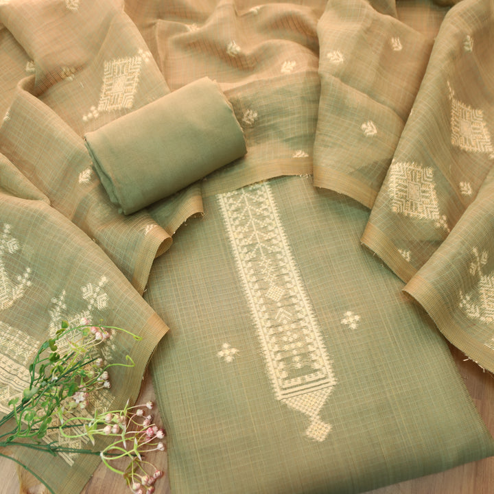Naisha Fern Green All Over Authentic Jamdani Weaved Kota Doriya Suit Set