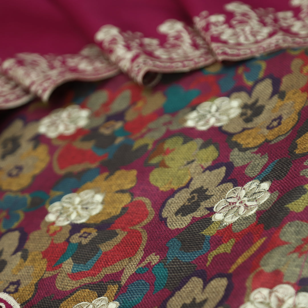 झुमकी Magenta Pink Floral Printed in Embroidered Work Semi Pashmina Winter Set