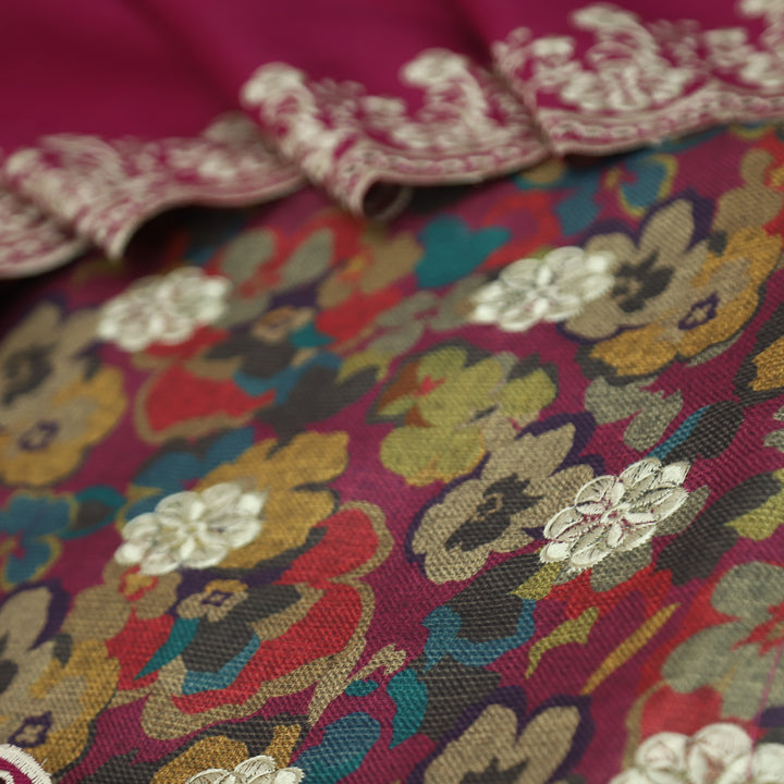 झुमकी Magenta Pink Floral Printed in Embroidered Work Semi Pashmina Winter Set