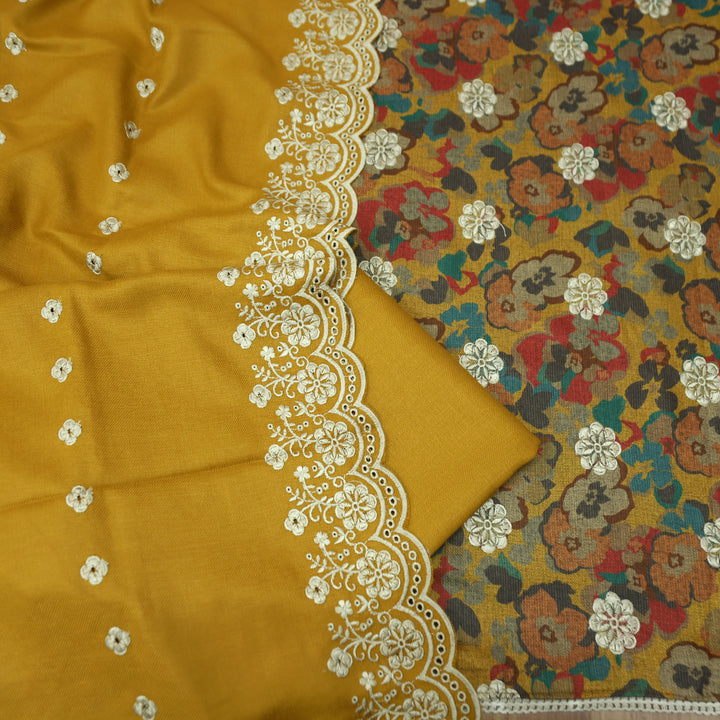 झुमकी Dandelion Yellow Floral Printed in Embroidered Work Semi Pashmina Winter Set