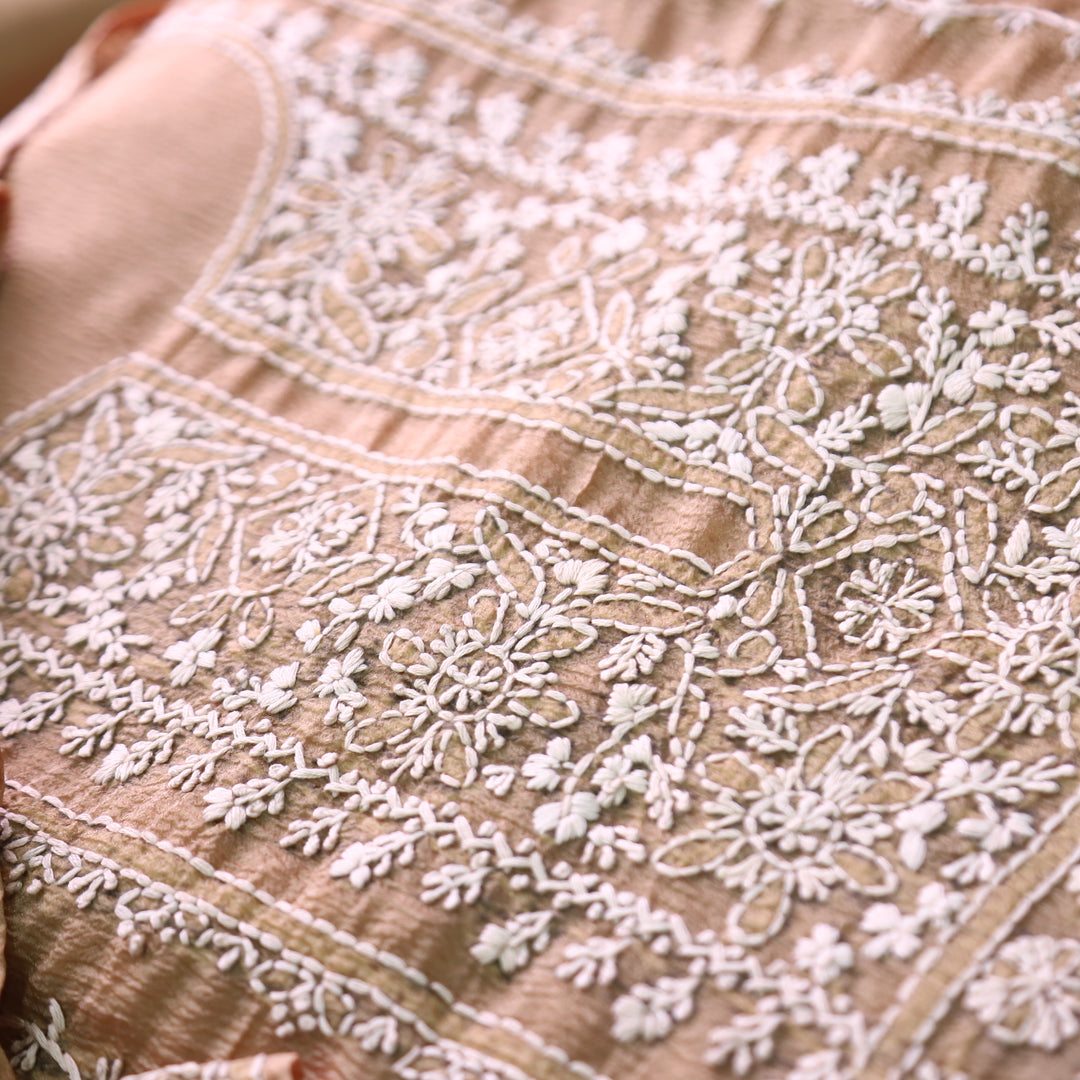 Avinya Peanut Brown Hand Embroidered Glass Crinkle Organza Set