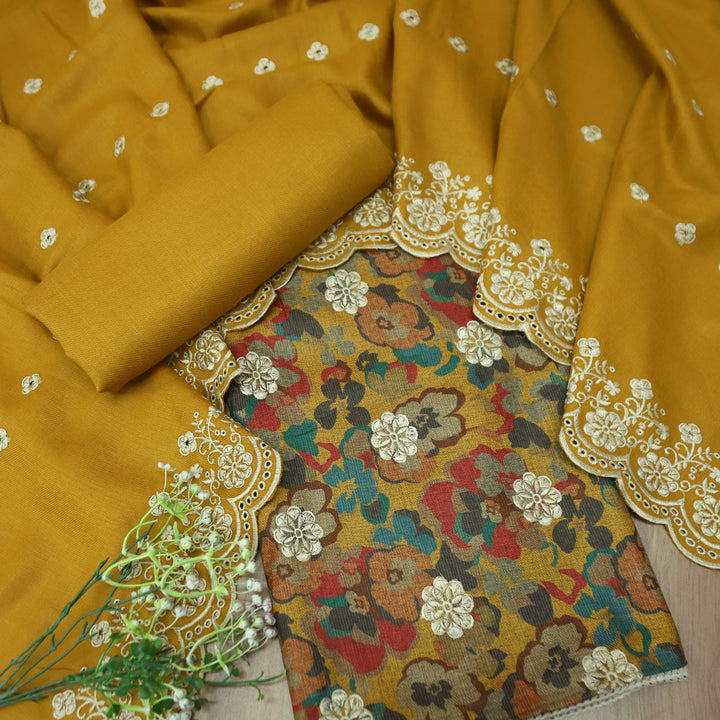 झुमकी Dandelion Yellow Floral Printed in Embroidered Work Semi Pashmina Winter Set
