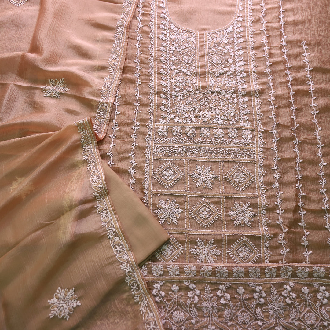 Avinya Peanut Brown Hand Embroidered Glass Crinkle Organza Set