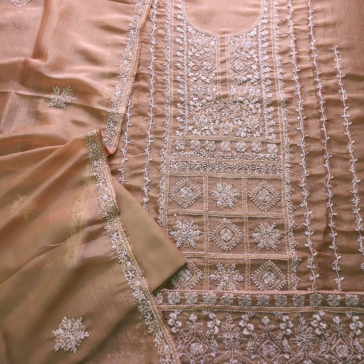 Avinya Peanut Brown Hand Embroidered Glass Crinkle Organza Set
