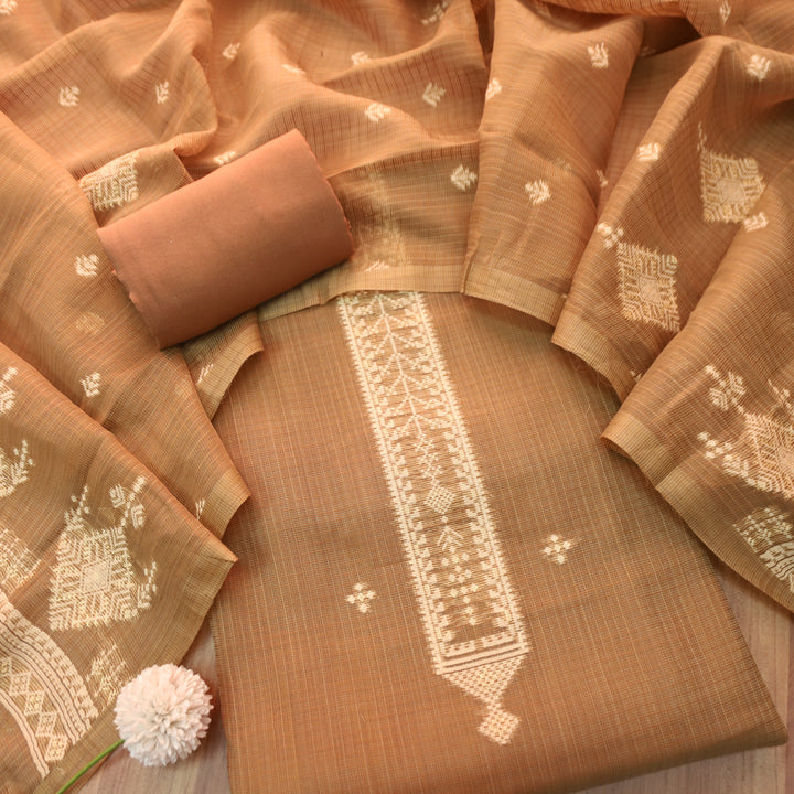 Naisha Vintage Brown All Over Authentic Jamdani Weaved Kota Doriya Suit Set
