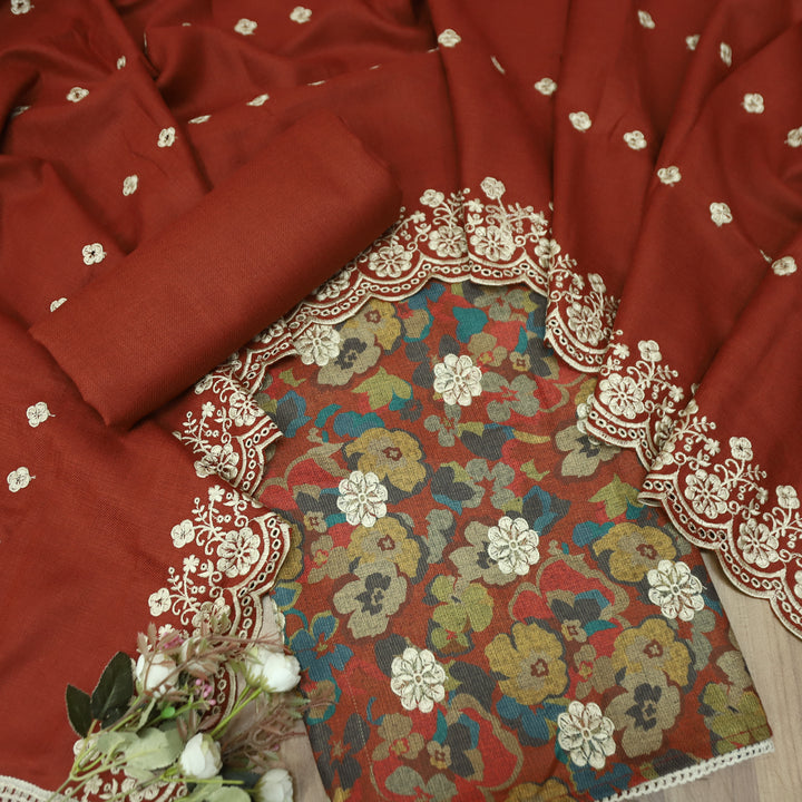 झुमकी Bride Red Floral Printed in Embroidered Work Semi Pashmina Winter Set