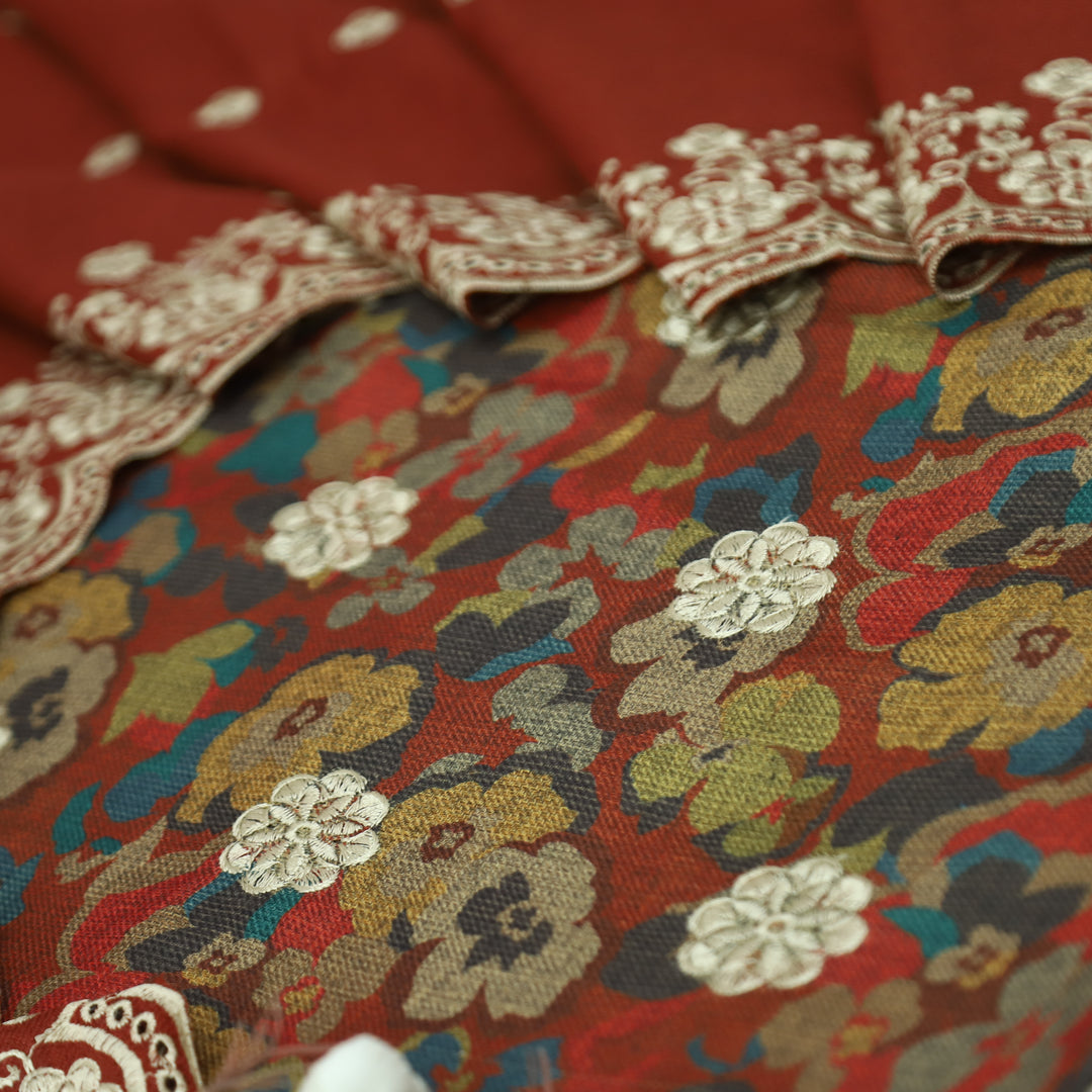 झुमकी Bride Red Floral Printed in Embroidered Work Semi Pashmina Winter Set