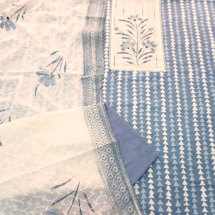 Klara Azure Blue Schiffli Neck Yoke with Thread and Paint Work Dabu Printed Cotton Set