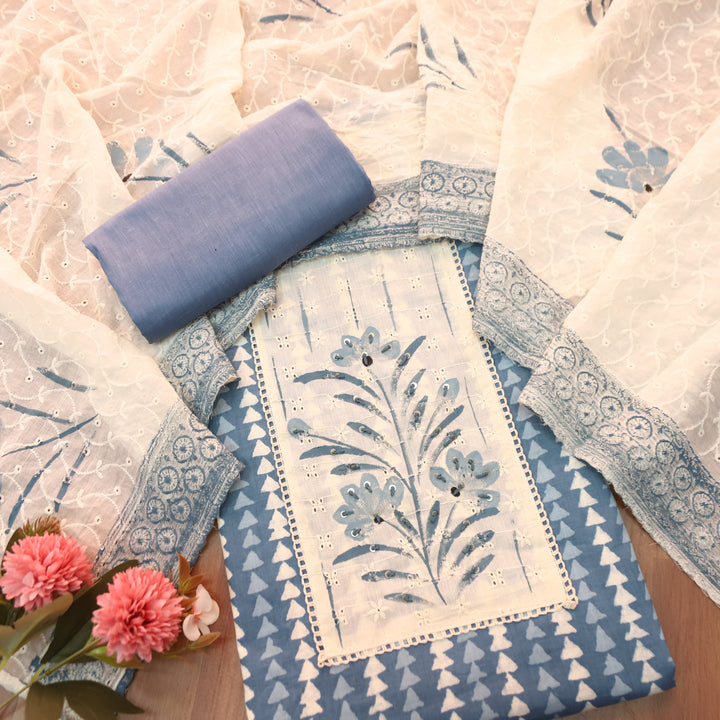 Klara Azure Blue Schiffli Neck Yoke with Thread and Paint Work Dabu Printed Cotton Set