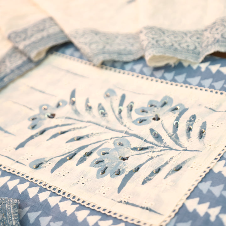 Klara Azure Blue Schiffli Neck Yoke with Thread and Paint Work Dabu Printed Cotton Set