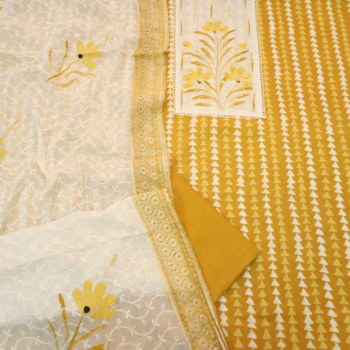 Klara Corn Yellow Schiffli Neck Yoke with Thread and Paint Work Dabu Printed Cotton Set