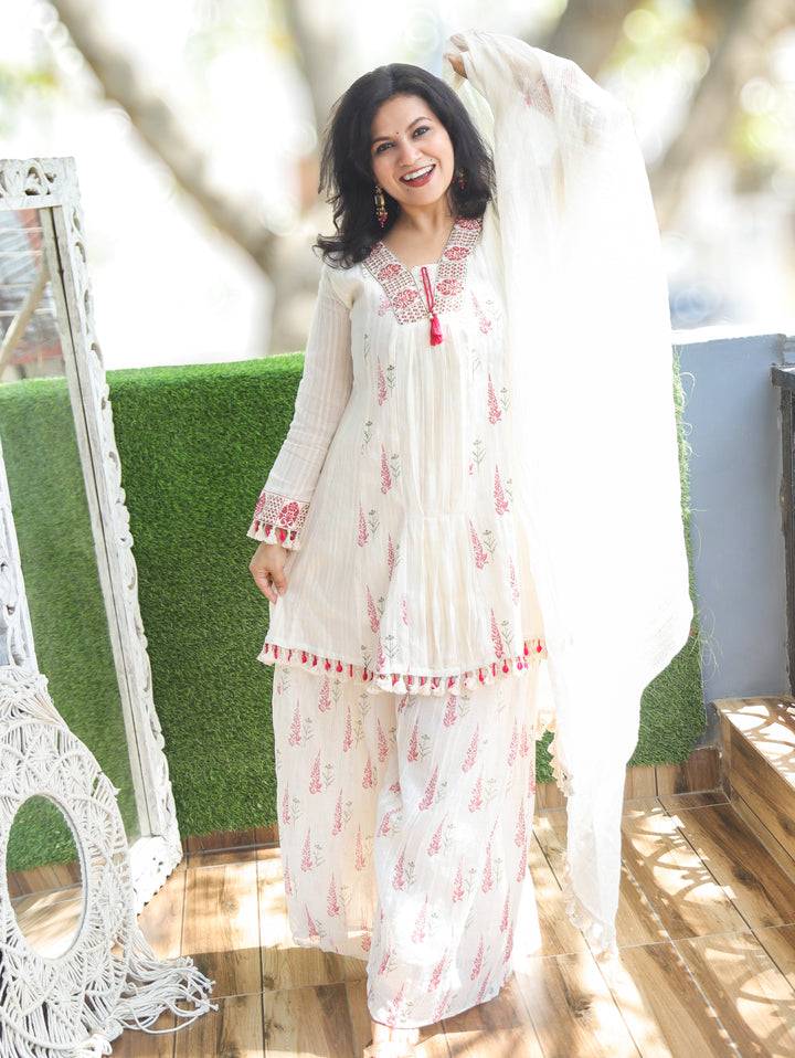 Shifali White Palazzo Cotton 3 Piece Set