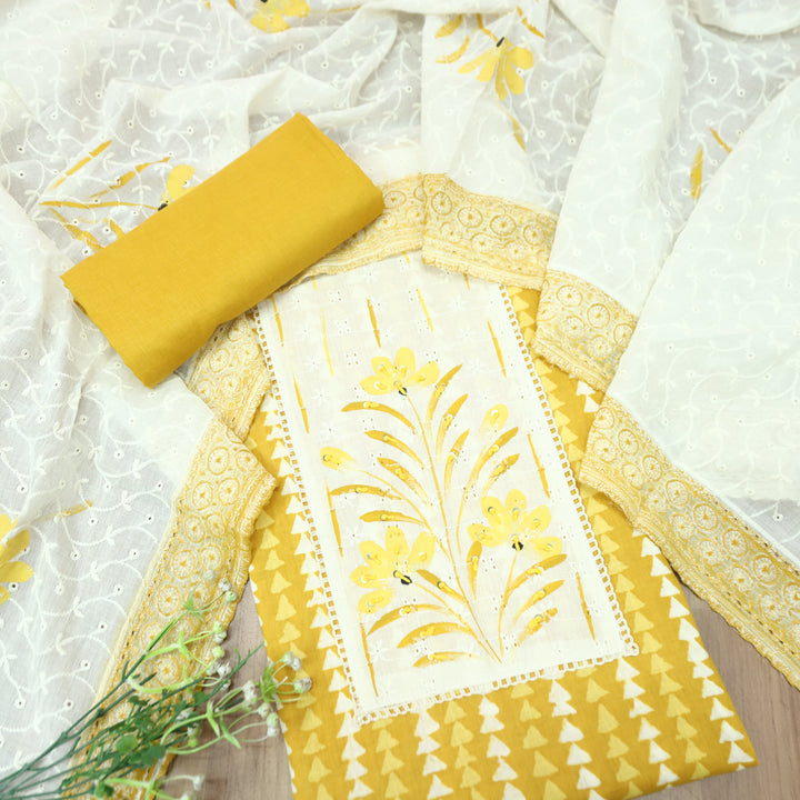 Klara Corn Yellow Schiffli Neck Yoke with Thread and Paint Work Dabu Printed Cotton Set