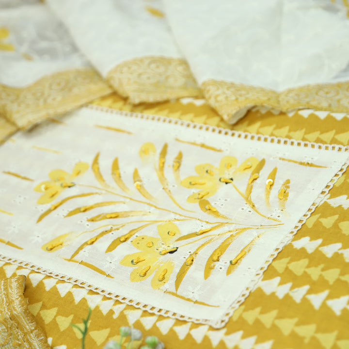Klara Corn Yellow Schiffli Neck Yoke with Thread and Paint Work Dabu Printed Cotton Set