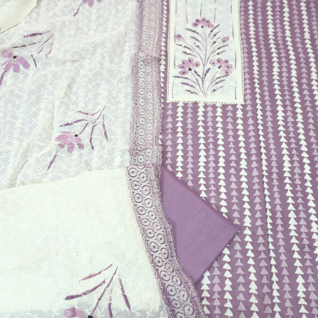 Klara Berry Purple Schiffli Neck Yoke with Thread and Paint Work Dabu Printed Cotton Set