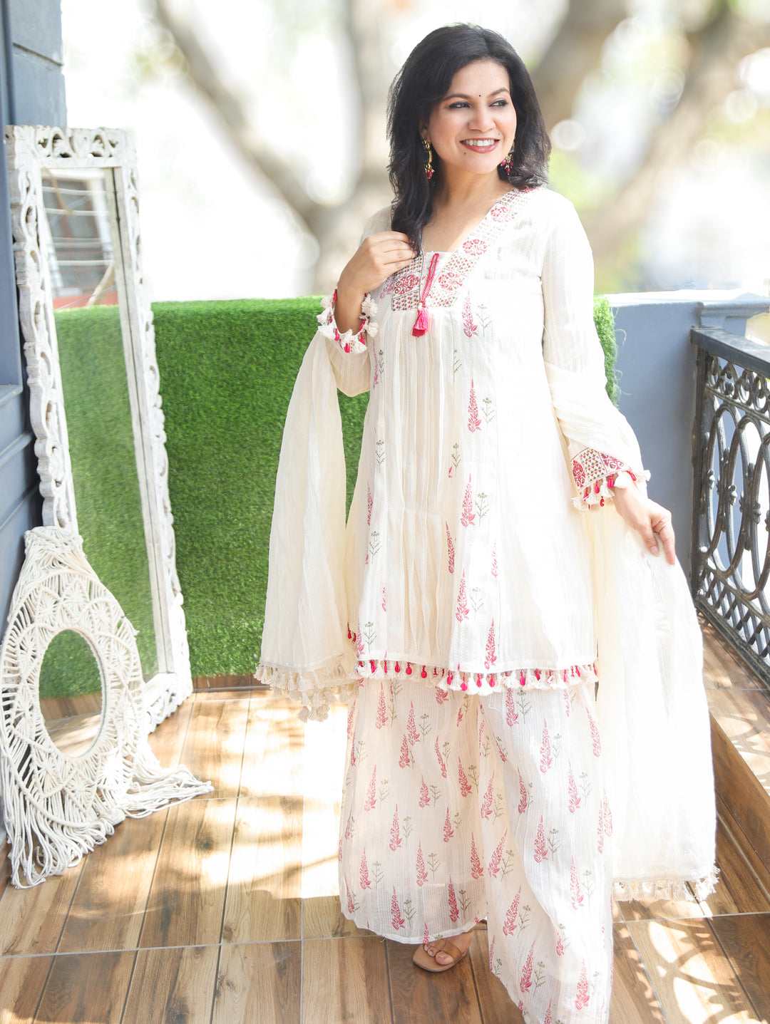 Shifali White Palazzo Cotton 3 Piece Set
