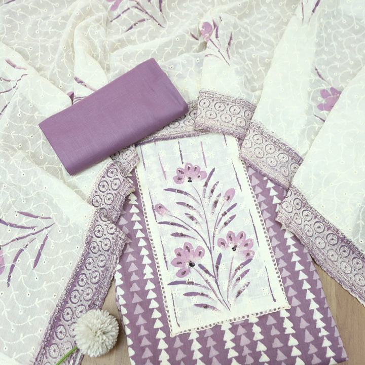 Klara Berry Purple Schiffli Neck Yoke with Thread and Paint Work Dabu Printed Cotton Set