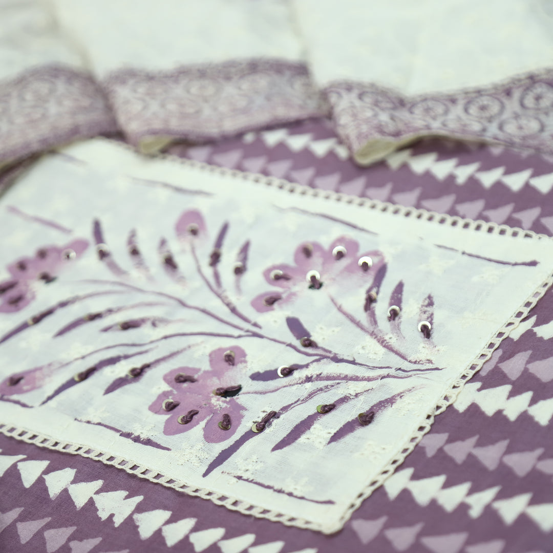 Klara Berry Purple Schiffli Neck Yoke with Thread and Paint Work Dabu Printed Cotton Set