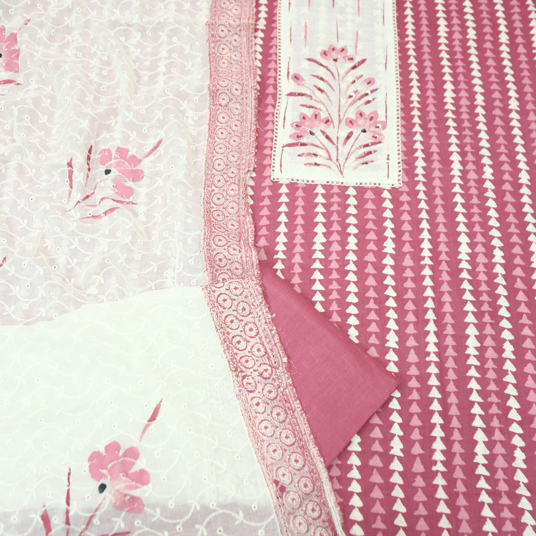 Klara Rose Mauve Schiffli Neck Yoke with Thread and Paint Work Dabu Printed Cotton Set