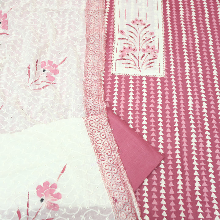 Klara Rose Mauve Schiffli Neck Yoke with Thread and Paint Work Dabu Printed Cotton Set