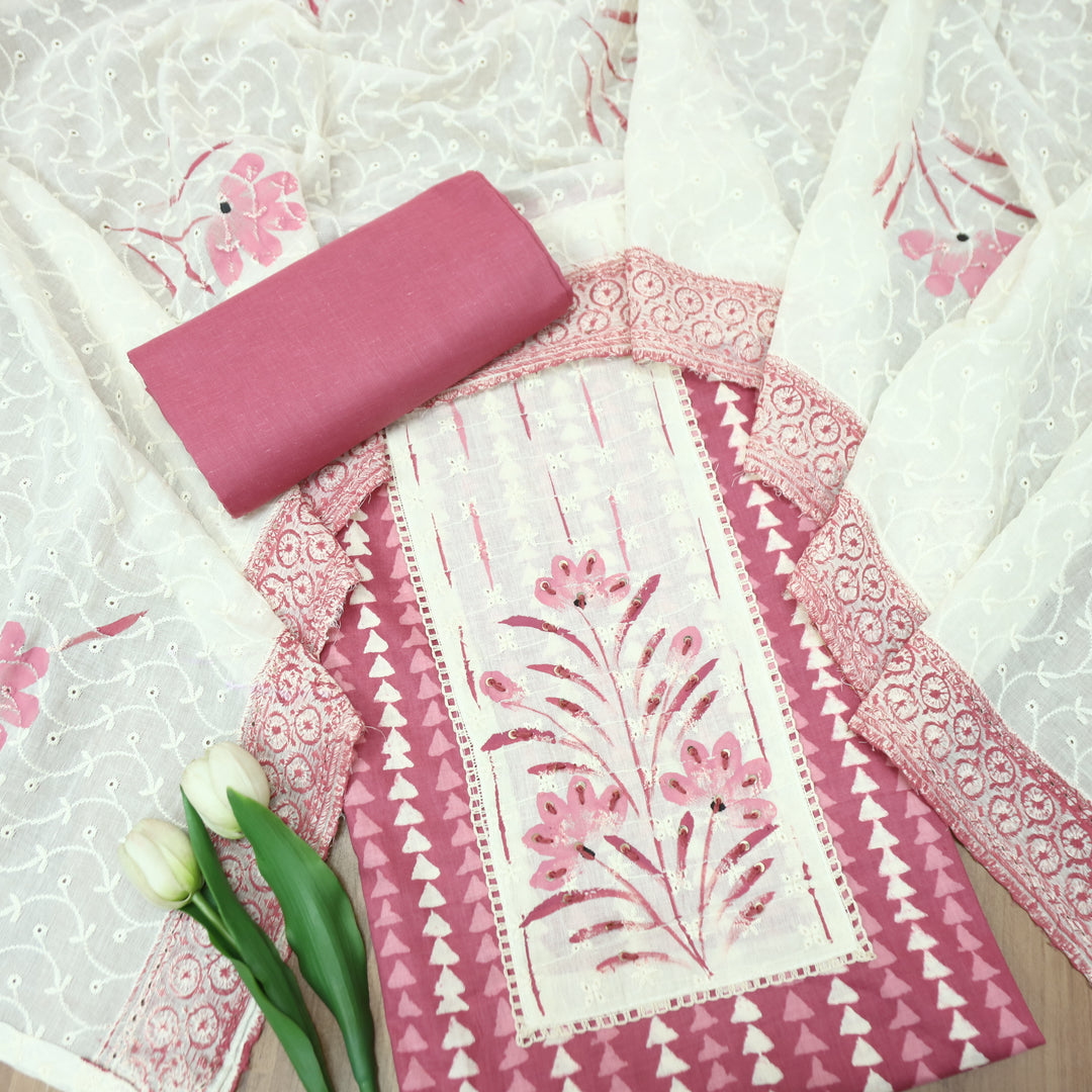 Klara Rose Mauve Schiffli Neck Yoke with Thread and Paint Work Dabu Printed Cotton Set