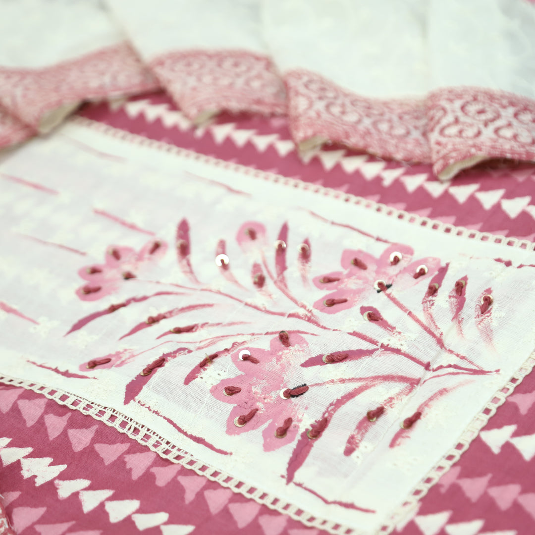 Klara Rose Mauve Schiffli Neck Yoke with Thread and Paint Work Dabu Printed Cotton Set