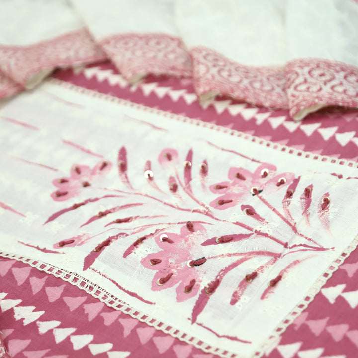 Klara Rose Mauve Schiffli Neck Yoke with Thread and Paint Work Dabu Printed Cotton Set