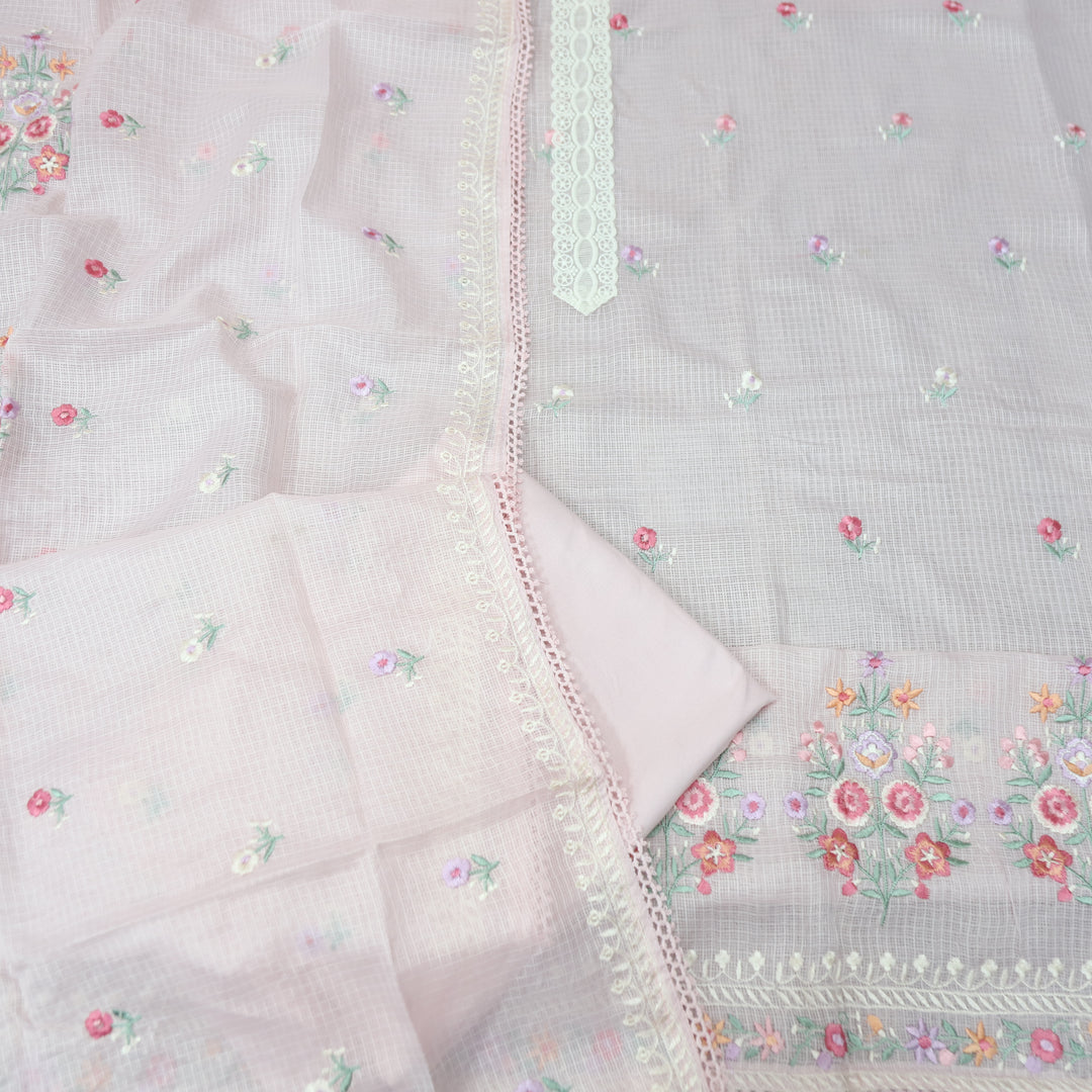 Fitoori Ballet Pink Lace Patch with Floral Thread Embroidered Kota Doriya Suit Set