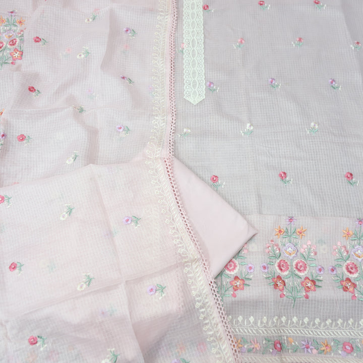 Fitoori Ballet Pink Lace Patch with Floral Thread Embroidered Kota Doriya Suit Set