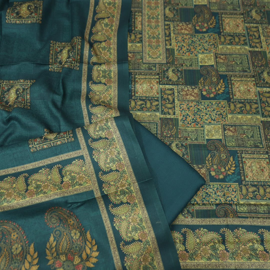 सुरभि Cerulean Blue All Over Paisely Digital Printed Semi Pashmina Winter Set