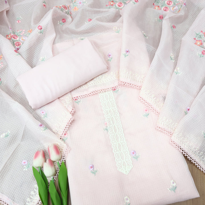 Fitoori Ballet Pink Lace Patch with Floral Thread Embroidered Kota Doriya Suit Set