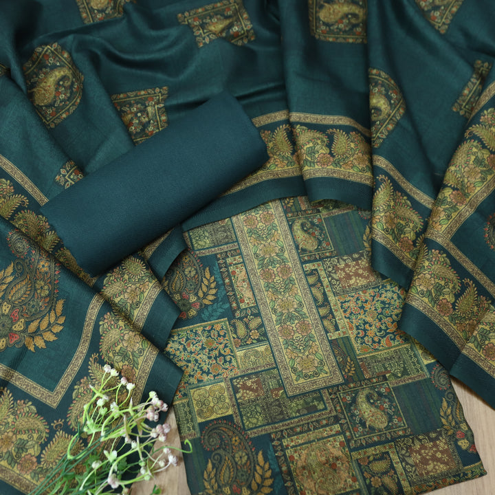 सुरभि Cerulean Blue All Over Paisely Digital Printed Semi Pashmina Winter Set