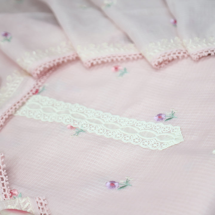 Fitoori Ballet Pink Lace Patch with Floral Thread Embroidered Kota Doriya Suit Set