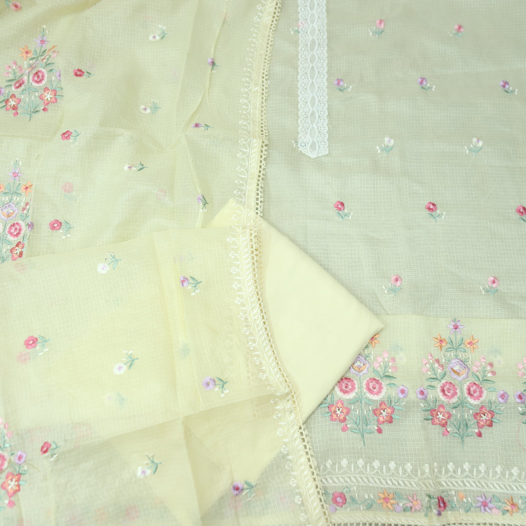 Fitoori Buttermilk Yellow Lace Patch with Floral Thread Embroidered Kota Doriya Suit Set