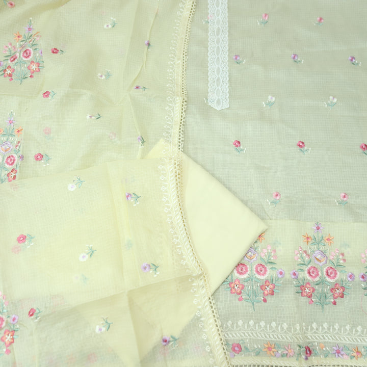 Fitoori Buttermilk Yellow Lace Patch with Floral Thread Embroidered Kota Doriya Suit Set