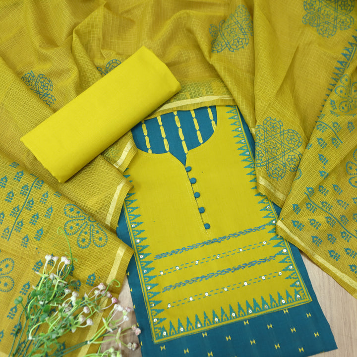 मुस्कानी Cerulean Teal Block Print with Potli Button Yoke Weaved Cotton Suit Set