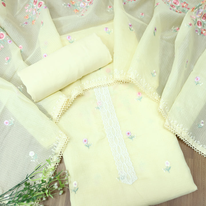 Fitoori Buttermilk Yellow Lace Patch with Floral Thread Embroidered Kota Doriya Suit Set