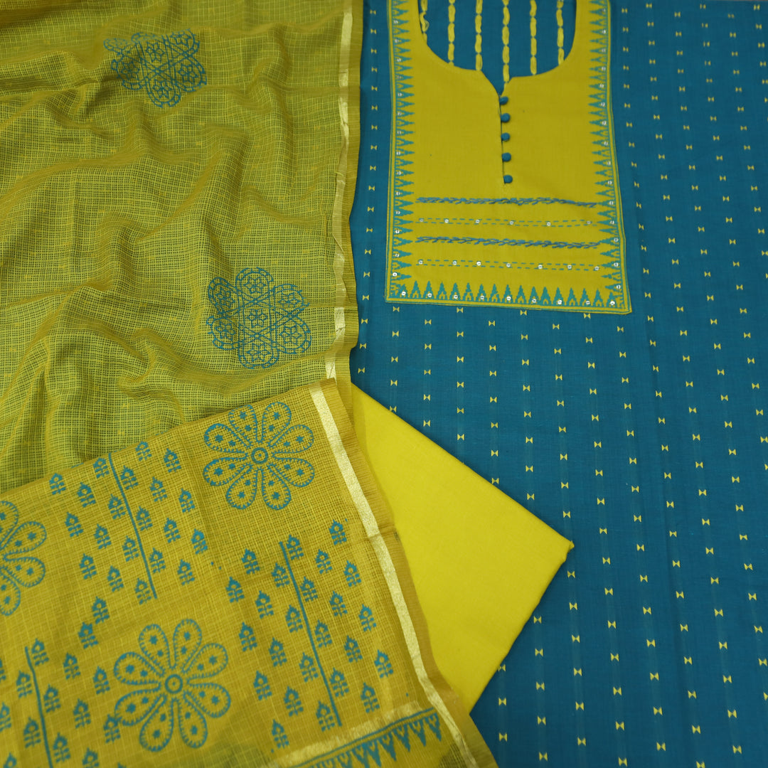 मुस्कानी Cerulean Teal Block Print with Potli Button Yoke Weaved Cotton Suit Set
