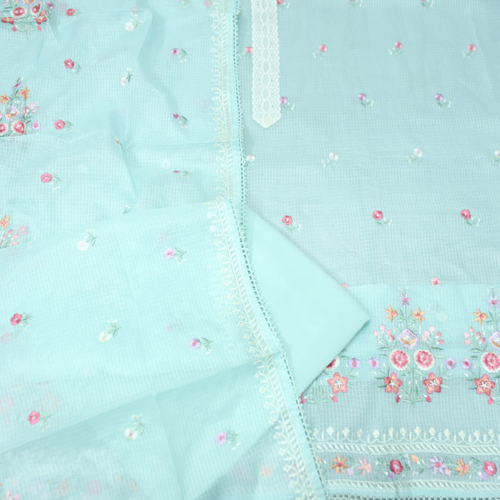 Fitoori Powder Blue Lace Patch with Floral Thread Embroidered Kota Doriya Suit Set