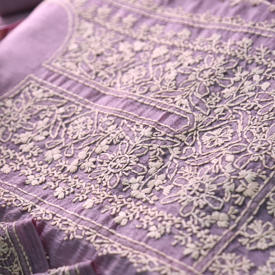 Avinya Heliotrope Purple Hand Embroidered Glass Crinkle Organza Set