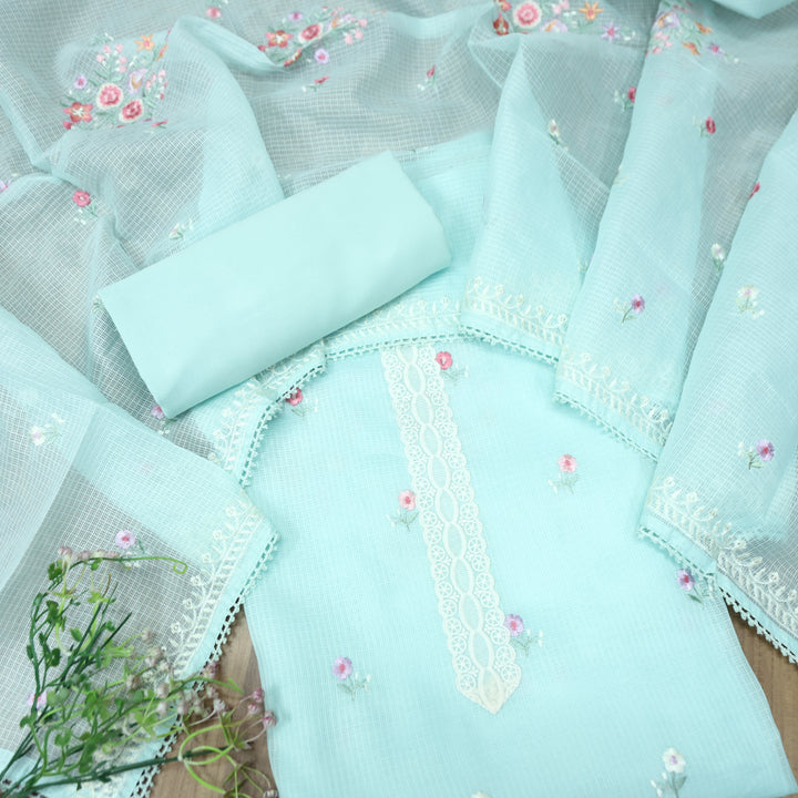 Fitoori Powder Blue Lace Patch with Floral Thread Embroidered Kota Doriya Suit Set