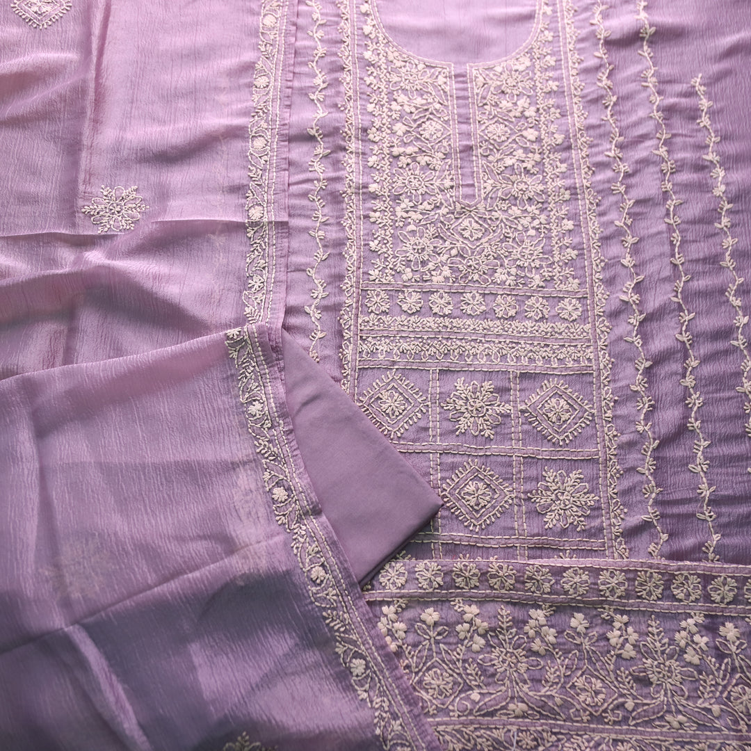Avinya Heliotrope Purple Hand Embroidered Glass Crinkle Organza Set