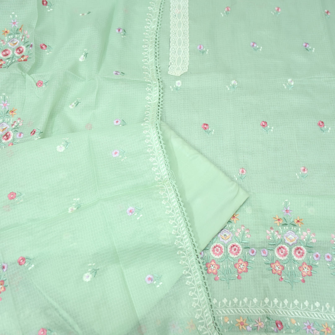 Fitoori Castleton Mint Lace Patch with Floral Thread Embroidered Kota Doriya Suit Set