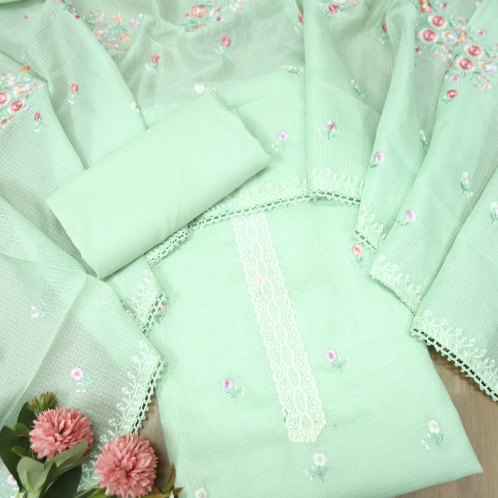 Fitoori Castleton Mint Lace Patch with Floral Thread Embroidered Kota Doriya Suit Set