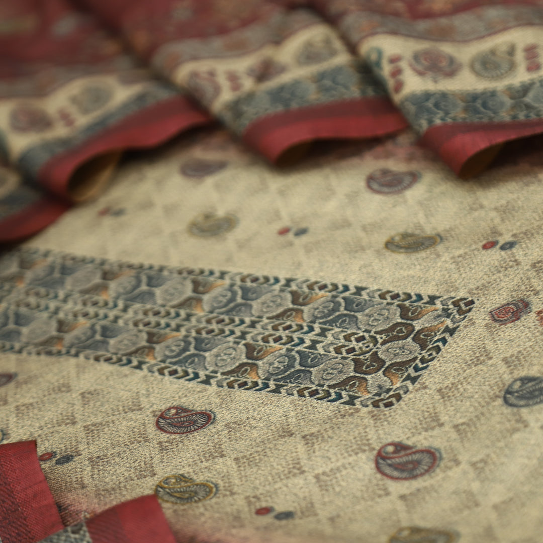 सांभ Beige with Maroon Panel Style Digital Printed Semi Pashmina Winter Set