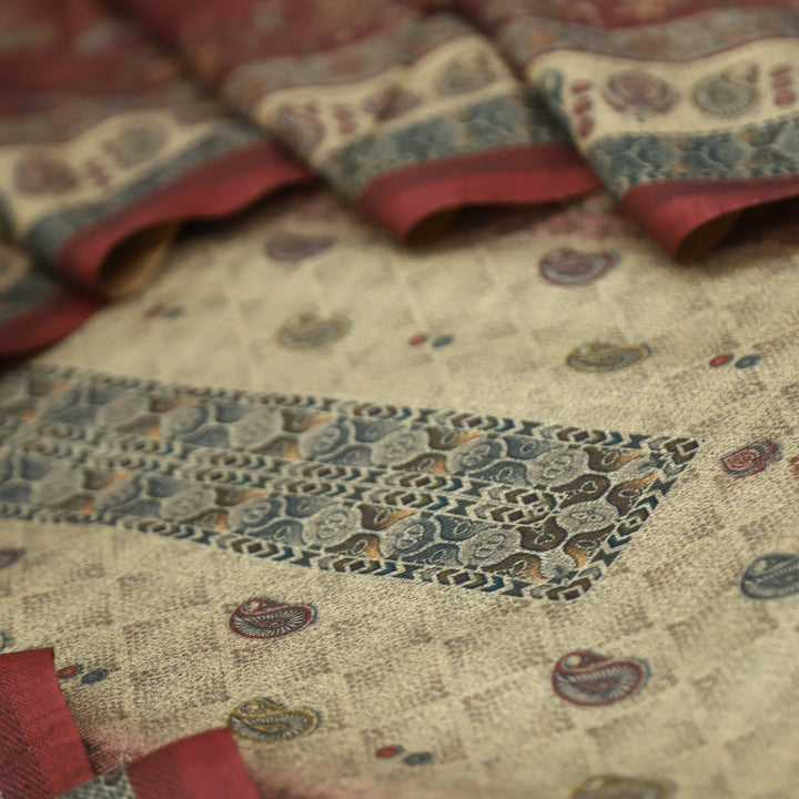 सांभ Beige with Maroon Panel Style Digital Printed Semi Pashmina Winter Set