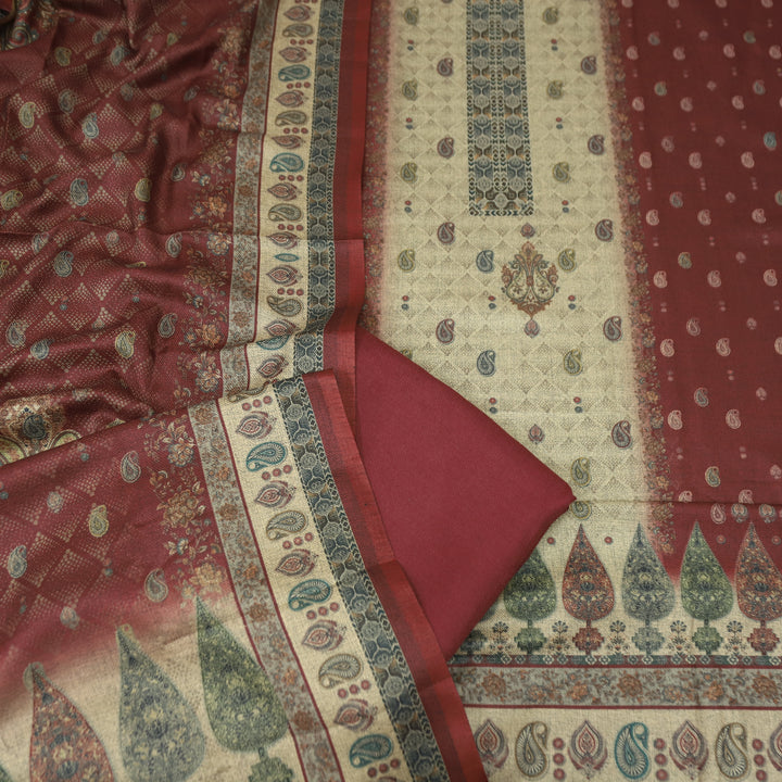 सांभ Beige with Maroon Panel Style Digital Printed Semi Pashmina Winter Set